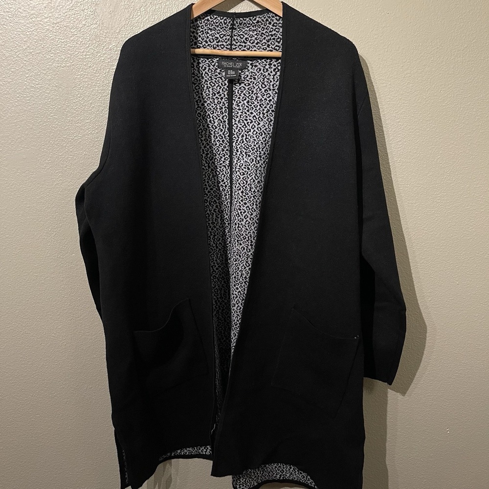 Rachel Zoe Long Knit Jacket Open Cardigan Black & Leopard Print Women's Plus 2X